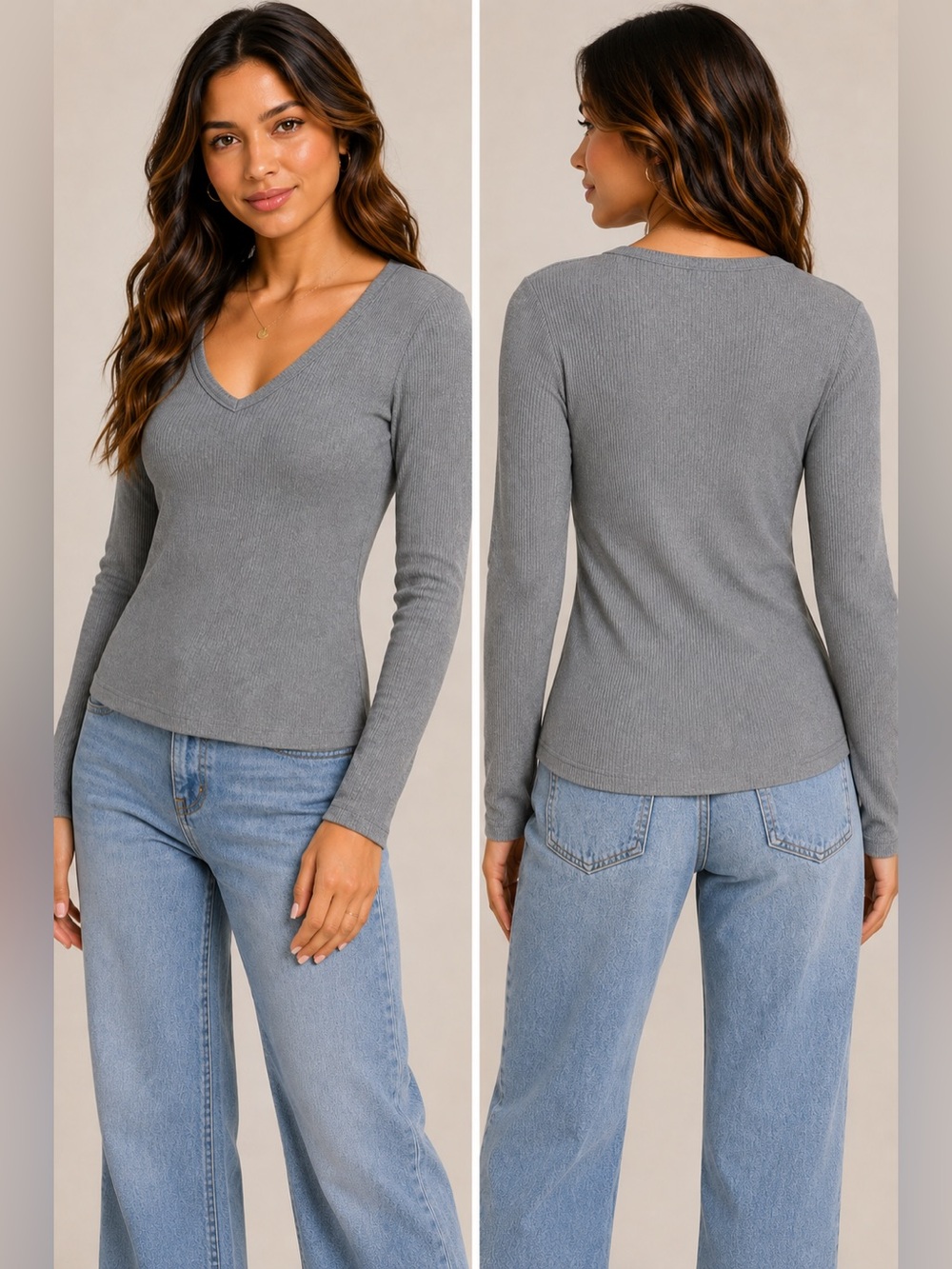 Universal Thread Gray Ribbed V-Neck Long Sleeve Tee Top XL NWT